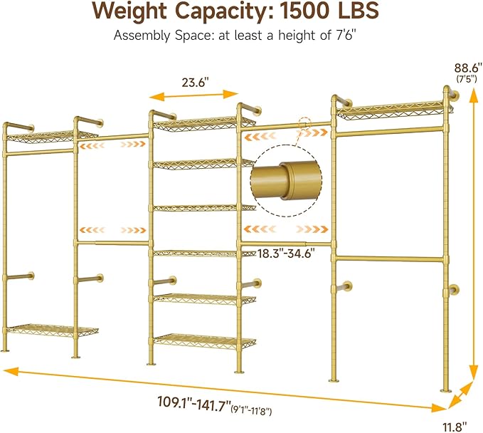 H5 Wall Mounted Closet System, Industrial Pipe Clothes Racks Clothing Rack with 4 Telescopic Rods & 3 Fixing Rods & 9 Shelves, Heavy Duty Closet Organizers and Storage in Wardrobe Closet (Gold)