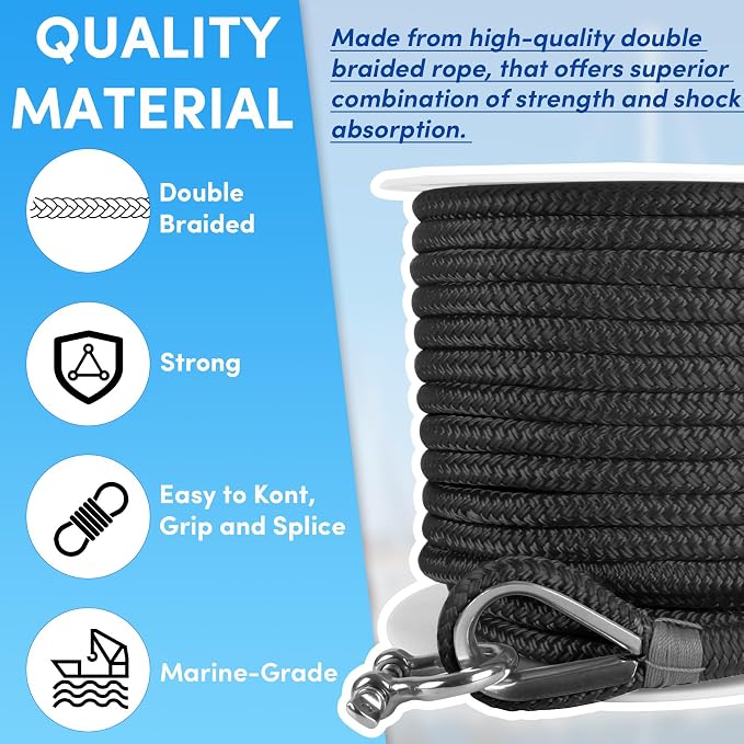 Boat Anchor Rope 150 ft x 1/2 inch Black, Double Braided Anchor Line with Stainless Steel Thimble & Shackle, Marine Rope Ideal for Towing,Mooring,Decks,Anchoring,for Boats Up to 35'