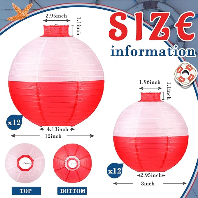 Set of 24 Fishing Bobber Round Paper Hanging Lanterns Fishing Birthday Decorations Hanging Paper Lanterns for Fishermen Theme Party Decoration Supplies, 12 Inches, 8 Inches
