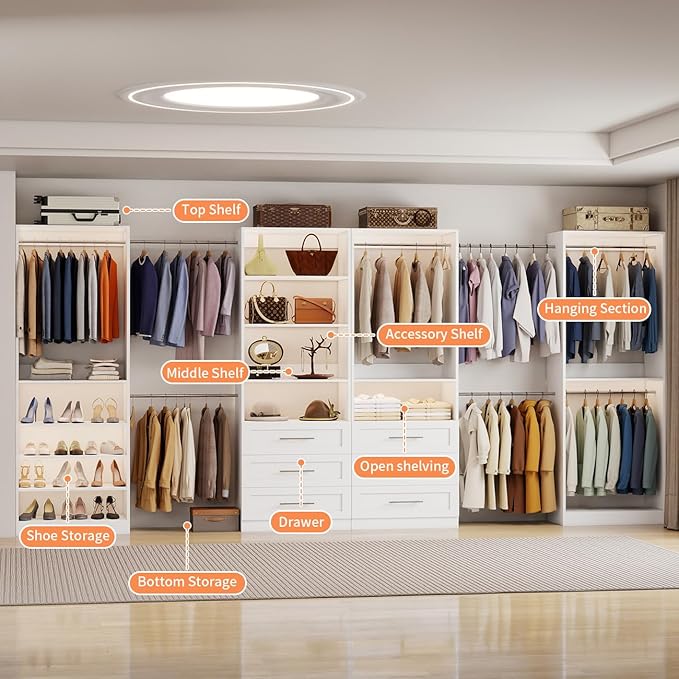 Closet System with 4 Sets, 8–21 FT Closet System with 6 Drawers, 9 Shelves & 8 Hanging Rods, Max 252″ Closet Organizer System for Walk in Closets, Modular Custom Wood Closet Kit with Shoe Racks, White