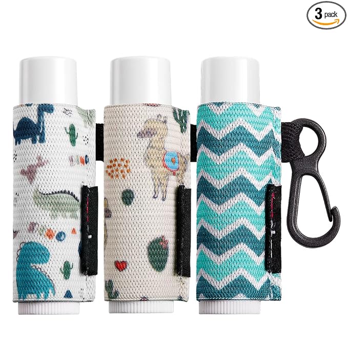 HEYSKAY Lip Balm Holder Sleeves Keychain Chapstick Elastic Sleeves (Dinausaur/Sheep/Wave strip)