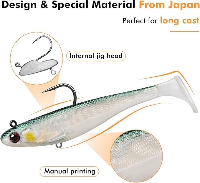 TRUSCEND Shadtale Easy Catch Soft Fishing Lures with BKK Hooks - Trembly Sinking and Vibrating Swim for More Bites, Pre-Rigged Swimbaits for Bass, Trout, Crappie, Walleye, Freshwater Saltwater Fishing