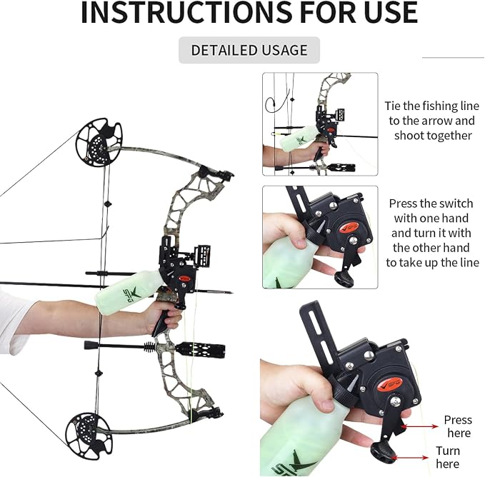 SPG Bowfishing Reel Archery Bottle Bow Fishing Reels Kits with 40M Fishing Rope Bow Mounted Attachment for Right Hand Compound Bow Recurve Bow Accessories