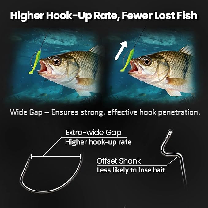 FishTrip 50/100/120pcs EWG Hooks for Bass Fishing Hooks, Extra Wide Gap Offset Worm Hook Texas Rig Fish Hooks for Bass Trout Freshwater Saltwater #4 #2 #1 1/0 2/0 3/0 4/0 5/0