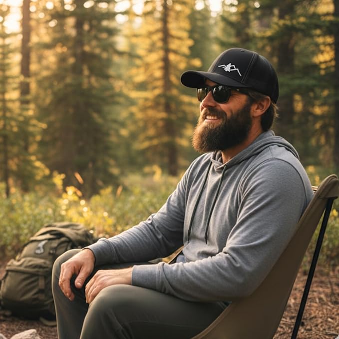 LINDO Trucker Hat [ Great Outdoors Design ] for Men and Women: Mid Profile Cap with Breathable Mesh Back and Adjustable Snap