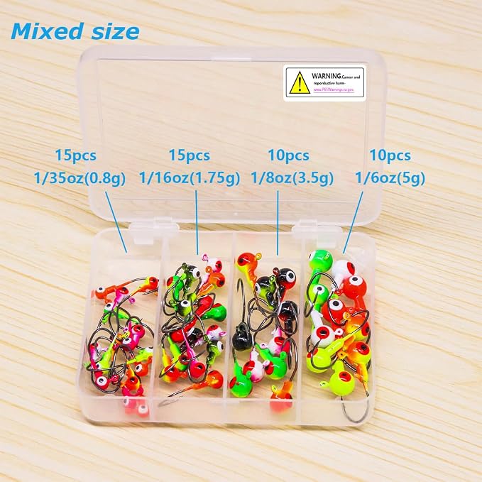 50pcs Fishing Jig Head Hooks kit, Round Ball Fishing Jigs with 3D Eyes Carbon Steel Hooks for Soft Lures Bass Freshwater Saltwater 1/8oz 1/6oz 1/4oz 1/16oz 1/35oz