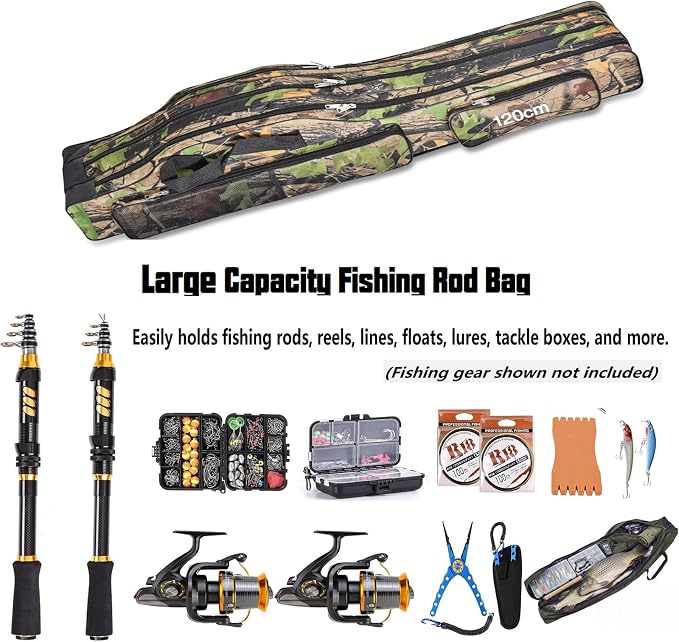3 Layers Fishing Pole Bag,Portable 3 Layers Oxford Folding Rod Carry Case,Fishing Reel Tackle Storage Bag Case