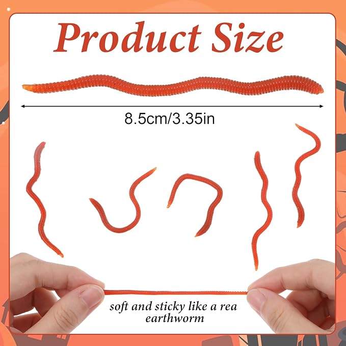 50 Pcs Fake Worms Soft Lure Trout Worm Earthworm 3.35 in Faux Lifelike Stretchy Rubber Earthworms Trick Fishing Lures Baits for Halloween Sensory Bin April Fool's Day Party