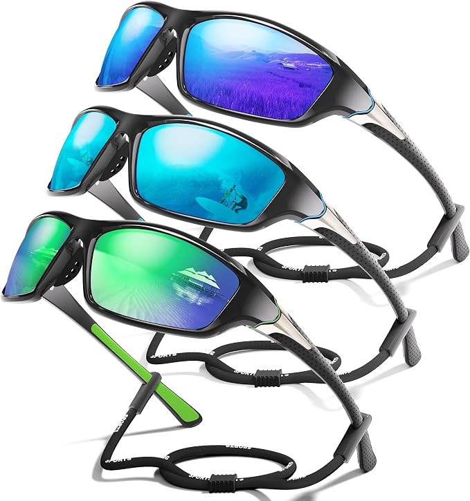 3 Pack Polarized Sports Sunglasses for Men, Mens Sunglasses Wrap Around UV Protection for Cycling Fishing Driving