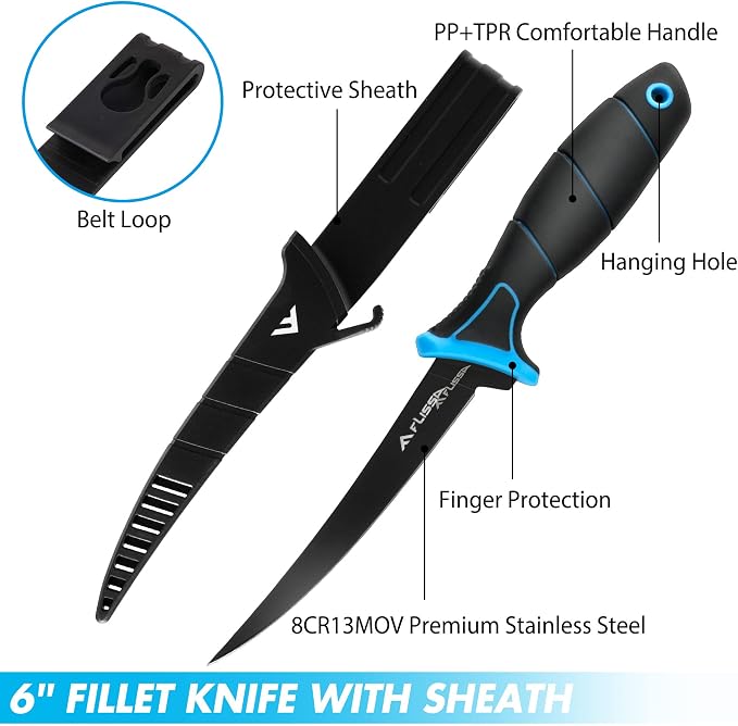 FLISSA Fishing Tool Kit, Fish Gripper with Scale, Braided Line Scissors, Fish Fillet Knife/Muti-Function Fishing Pliers/Fish Hook Remover, Saltwater Resistant Fishing Gear with Safety Coiled Lanyard