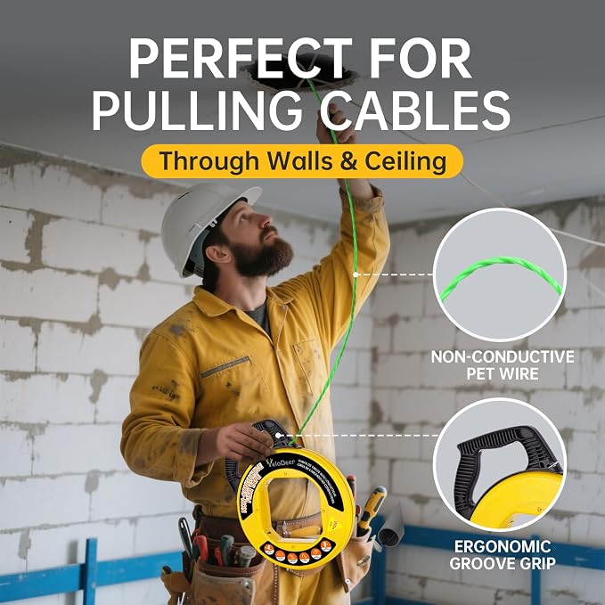 Non-Conductive Fish Tape Wire Puller 150 FT x 4.5 mm with Gloves and 7 Adapters, Flexible PET Wire Fishing Tools for Walls and Electrical Conduit, Rust-Proof