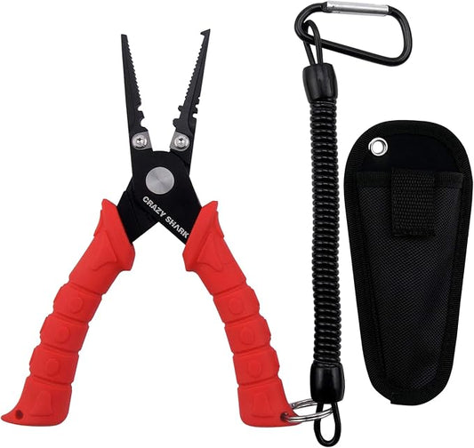 Fishing Pliers, Stainless Steel Fishing Tools, Saltwater Resistant Fishing Gear, Tungsten Carbide Cutters, Split Ring Pliers, Hook Remover with Coiled Lanyard and Sheath