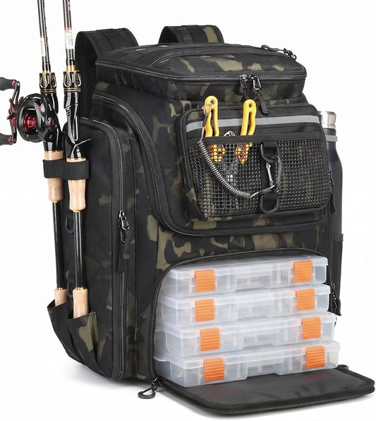 HAMBOLY Fishing Backpack 45L with Rod Holders, Water-Resistant Tackle Backpack for Fishermen, Large Capacity Fishing Gear Bag for Travel Hiking Camping