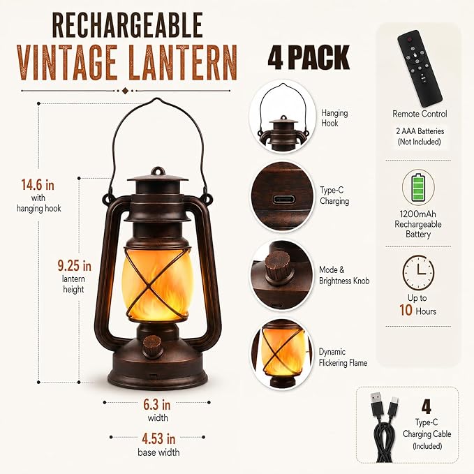 Rechargeable LED Lanterns 4 Pack, USB Charging Vintage Bronze Camping Lamps with Flickering Flame, Remote Control 4 Modes Hanging Lights for Patio Garden Porch Backyard Indoor Outdoor Halloween Decor