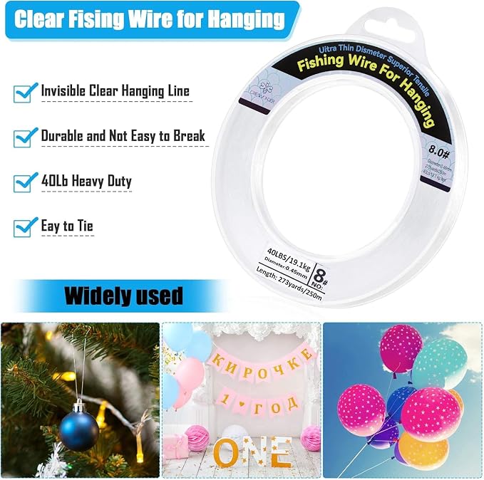 Clear Fishing Wire, Monofilament Fishing Line, Clear String for Hanging, Invisible Strong Wire Nylon Thread for Hanging Balloon Garland Picture Decorations