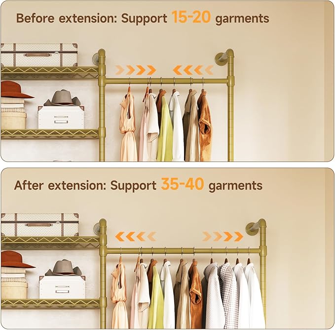 H5 Wall Mounted Closet System, Industrial Pipe Clothes Racks Clothing Rack with 4 Telescopic Rods & 3 Fixing Rods & 9 Shelves, Heavy Duty Closet Organizers and Storage in Wardrobe Closet (Gold)
