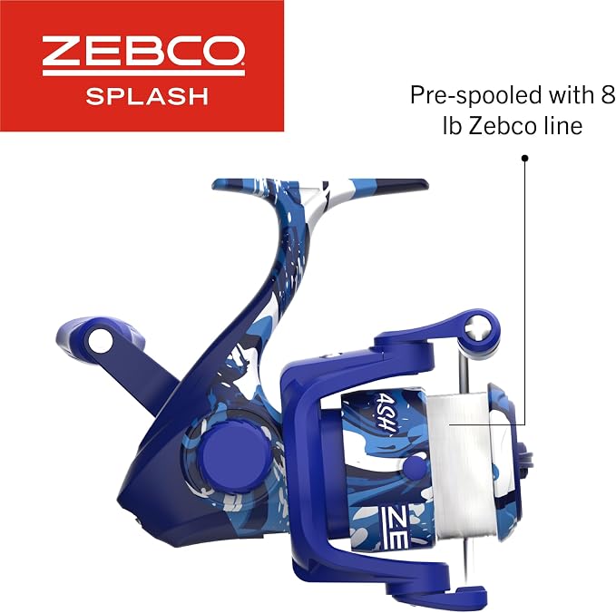 Zebco Splash Spinning Reel and Fishing Rod Combo, Fiberglass Rod, 2-Bearings, All Metal Gears, 5.2:1 Gear Ratio