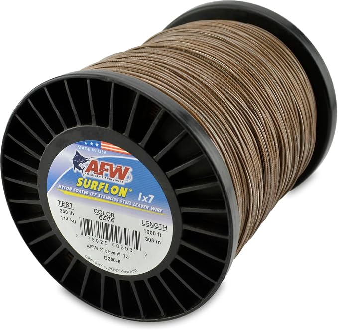 American Fishing Wire Surflon Nylon Coated 1x7 Stainless Steel Wire Leader - Wire Fishing Leader Line for Saltwater 10lb Up To 250lb Test in Bright, Black, Camo in 30ft, 100ft, 300ft, & 1000ft Lengths
