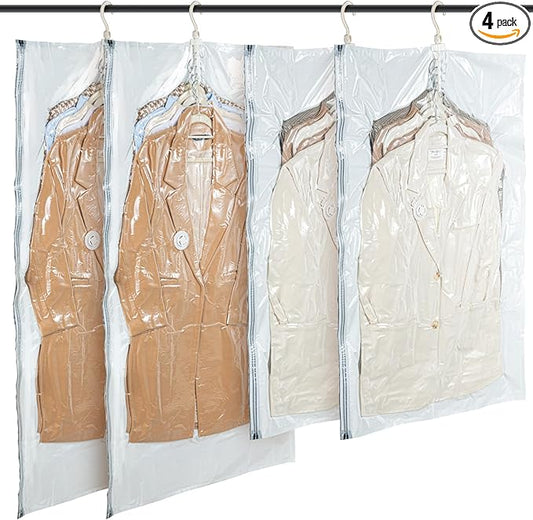 Hanging Vacuum Storage Bags – 4 Pack (2 Long, 2 Short) Hanging Vacuum Seal Bags for Clothing, Closet Organizer Space Saver for Suits, Jackets & Coats