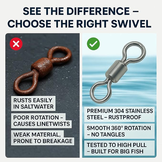 100 Pcs Fishing Swivels Saltwater, 100% 304 Stainless Steel Power Swivel Corrosion Resistance Barrel Swivels High Strength Freshwater Fishing Line Lure Leader Connectors