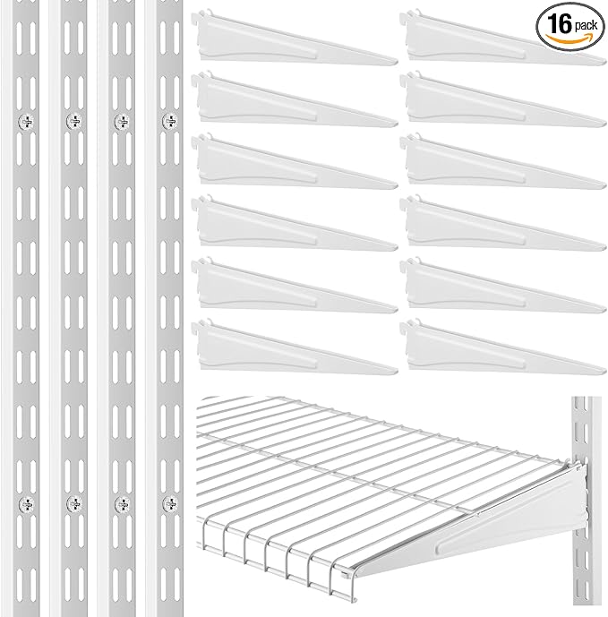 47.5 Inch Twin Rail Upright Wall Shelving System with 12 Inch Locking Shelf Bracket Adjustable Closet System Heavy Duty Metal Support for Deep Wire Shelving Closet (16 Pcs)