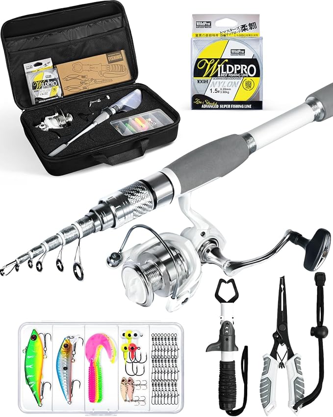 Ghosthorn Fishing Rod and Reel Combo Carbon Fiber Telescopic Fishing Pole Carrier Bag Portable Kit Saltwater Freshwater