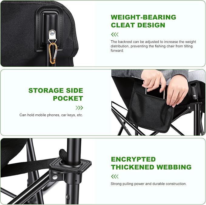 Folding Fishing Chair with Complete Accessories, Portable Camping Chair for Outdoor Fishing, 220LBS Load-Bearing, Non-Slip All-Terrain Design with Storage Bags, Carbon Steel Fishing Chair