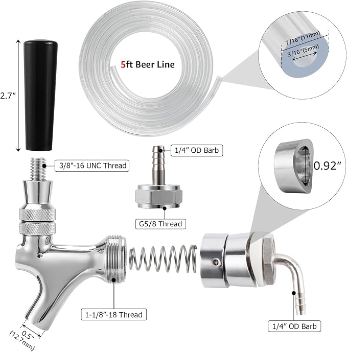 Draft Beer Faucet Beer Line Shank Kit Kegerator Parts Beer Tower Dispenser Replacement Set Self-Closing Beer Tap Wrench I.D.3/16” Beer Tubing 1/4”Keg Coupler Barb Cleaning Brush Tap Cover