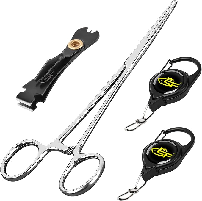SF Fly Fishing Tools Kit Includes a Fishing Knot Tool and Line Clipper, Zinger Retractor and Hook Remover Forceps.