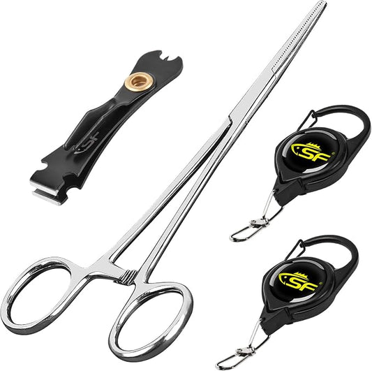 SF Fly Fishing Tools Kit Includes a Fishing Knot Tool and Line Clipper, Zinger Retractor and Hook Remover Forceps.