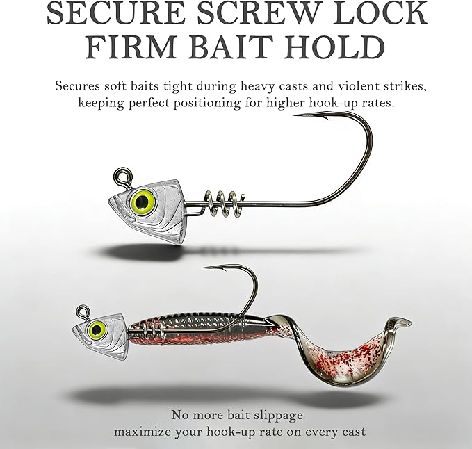 Screw Lock Swimbait Jig Heads 15 Pack, 3D Chartreuse Eyes & Sharp Hooks, Lead Fishing Jigheads for Bass Fishing, 1/8oz, 3/16oz, 1/4oz, 3/8oz
