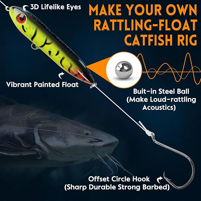 Catfish Rig Catfishing Tackle Making Kit Santee Cooper Rig with Catfish Floats Rattling Line Float Lures Peg Float Bobbers Catfish Hooks Swivels Catfish Sinker Weights Fishing Rattle Bells