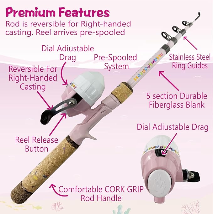 Kids Rod Set, Kids Fishing Rod and Reel Combo and Fishing Net Tackle Box with Fishing Lure Hook and Bag for Girls Beginners, Kids, Youth Anglers
