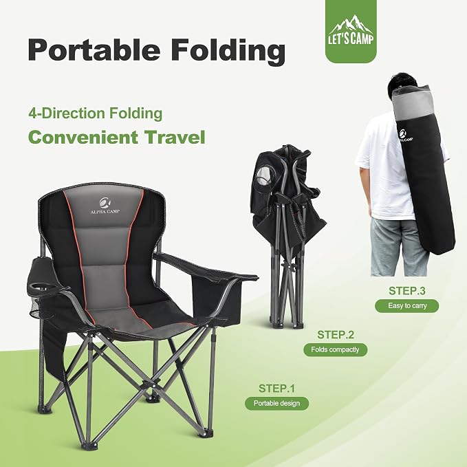 LET'S CAMP Folding Camping Chair Oversized Heavy Duty Padded Outdoor Chair with Cup Holder Storage and Cooler Bag, 450 LBS Weight Capacity, Thicken 600D Oxford
