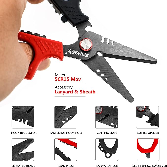 SAMSFX 6.5" Pro Fishing Shears Dual Serrated Blades, Fishing Braided Line Scissors with Titanium Coating, Non-Slip Grip & Multifunction Tool, Includes Hard Molded Locking Sheath & Coiled Lanyard