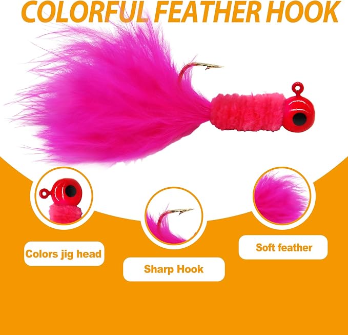 50PCS Crappie Fishing Jigs Hook Kit Feather Hair Jigs for Crappie Fishing baits Lures Panfish Trout 1/8 1/16 1/32 oz