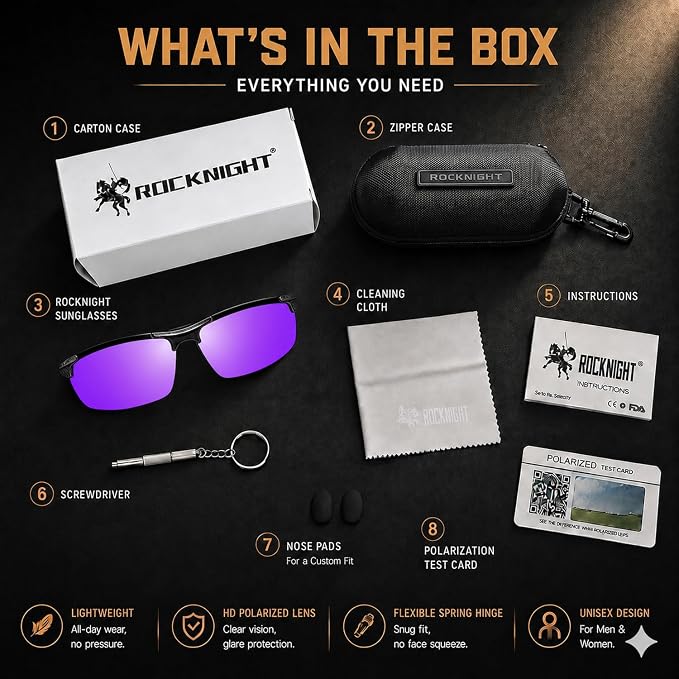 ROCKNIGHT Polarized Rectangular Sunglasses for Men Driving UV400 Protection Lightweight Al‑Mg Frame