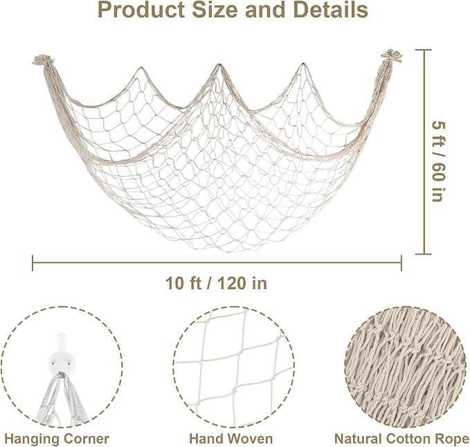 10x5 Feet X-Large Fishing Net Decor for Party - 2 Pack Beige Fish Net Decorations Beach Hawaiian Pirate Under The Sea Party Decorations, 3mm Cotton Fishnet Ocean Nautical Themed Wall Table Decor