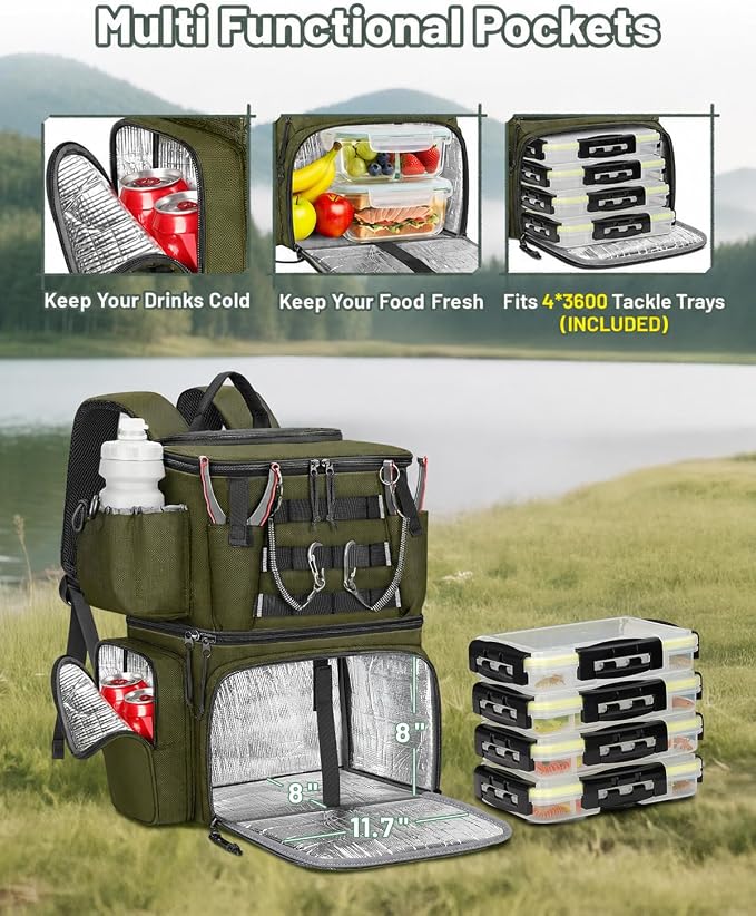 MATEIN Fishing Backpack with 4 Tackle Boxes, Fishing Bag with Rod Holder & Safety Compass & Cooler, Gifts for Fishermen