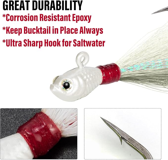 Dr.Fish 3 Pack Bucktail Jig Lure Hair Jig Saltwater Freshwater Lures Surf Fishing Bass Flounder Striper Bluefish Halibut Redfish