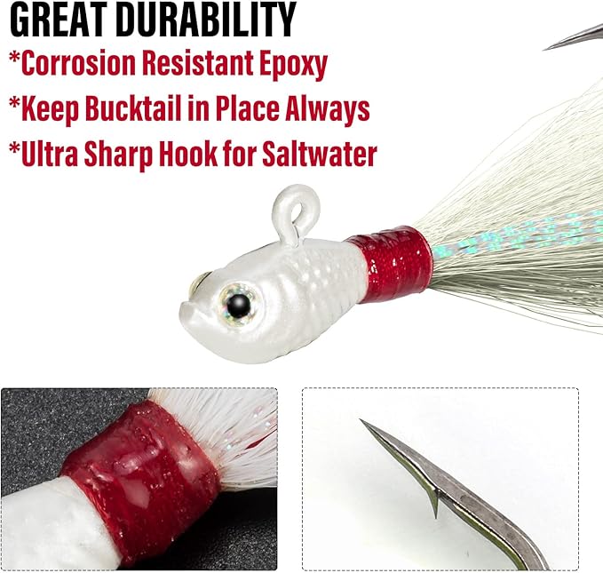 Dr.Fish 3 Pack Bucktail Jig Lure Hair Jig Saltwater Freshwater Lures Surf Fishing Bass Flounder Striper Bluefish Halibut Redfish