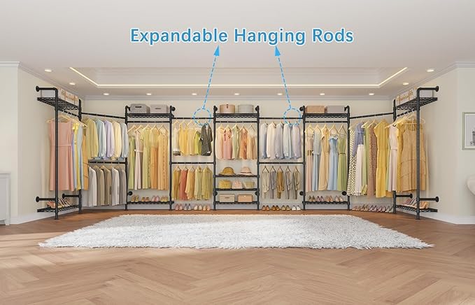 Timate L4 L Shape Garment Rack Heavy Duty Clothes Racks for Hanging Clothes, Expandable Industrial Pipe Clothing Rack Wall Mounted Closet Racks Wardrobe Closet Kit Corner Closet System, Black