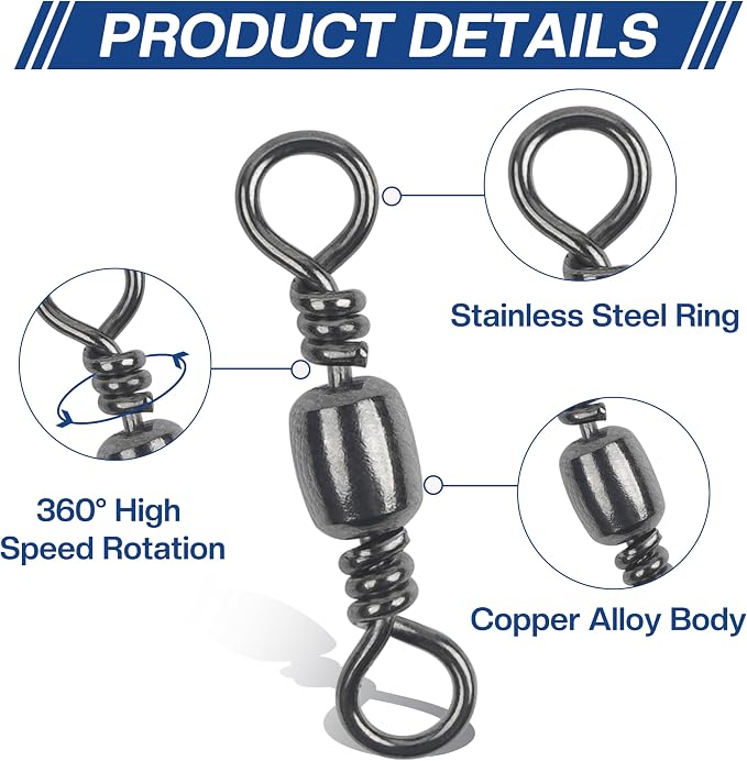 Fishing Barrel Swivels, 200pcs Rolling Ball Bearing Swivels with Solid Ring Fishing Tackle Accessories Hook Line Connector Copper with Stainless Steel Black & Gold Size 2 4 6 8 10