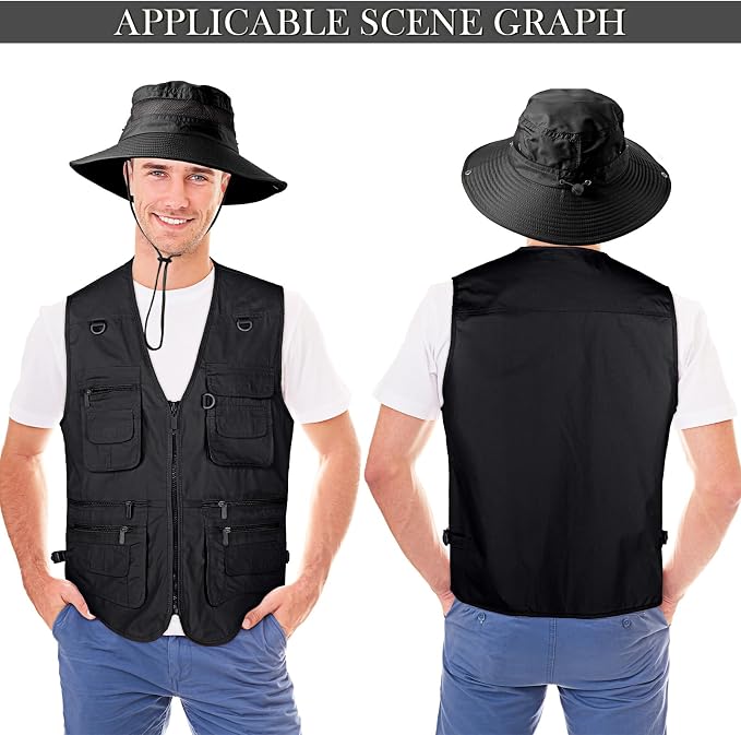 Janmercy 2 Pieces Men's Work Fishing Vest with Hat Lightweight Safari Travel Hunting Waistcoat With Multi Pockets Fishing Hat