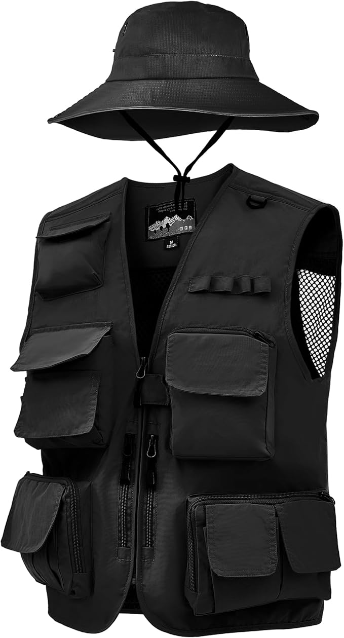 Shihanee 2 Pcs Men's Fishing Vest Sun Hat Multi Pocket Safari Vest for Outdoor Hiking Summer Travel