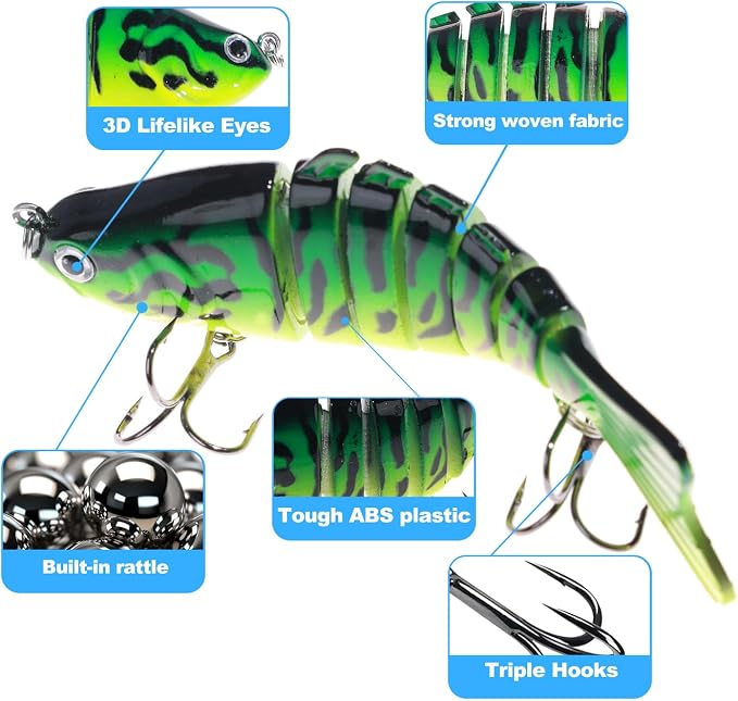 Bass Fishing Lures, Jointed Swimbait Glide Bait for Bass, Trout & Pike – Lifelike Fishing Lure with 3D Eyes, Built-in Rattle Chamber, Triple Hook – Realistic Fishing Lures for Freshwater & Saltwater
