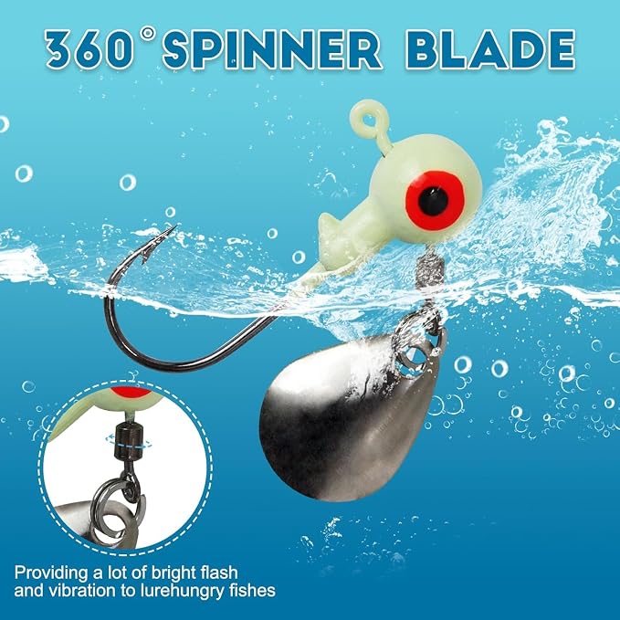 15/20/30Pcs Underspin Jig Heads with Spinner Fishing Jig Heads Hooks Set Crappie Jigs Fishing Jig Hooks Assortment Saltwater Freshwater Bass Crappie Trout Glow in The Dark…