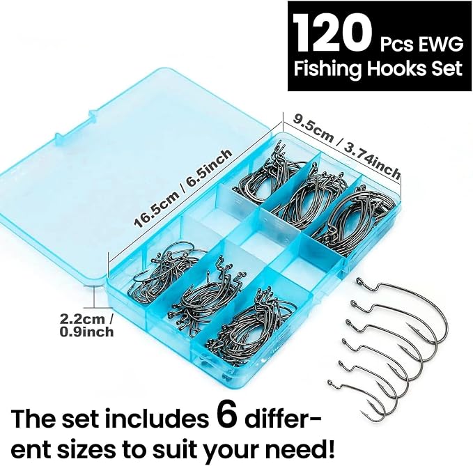 50/100/120pcs EWG Fishing Hooks, Bass Fishing Hooks Offset Worm Hook Texas Rig Hooks Live Bait Fishing Hooks for Freshwater Saltwater Size 4 2 1 1/0 2/0 3/0 4/0 5/0