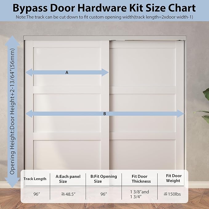 Sdstone Heavy Duty Bypass Door Hardware 96"/8FT,Aluminum Sliding Closet Door Track Hardware for Cabinet Closet, Pocket Door Track Rail Set, Smoothly and Quietly