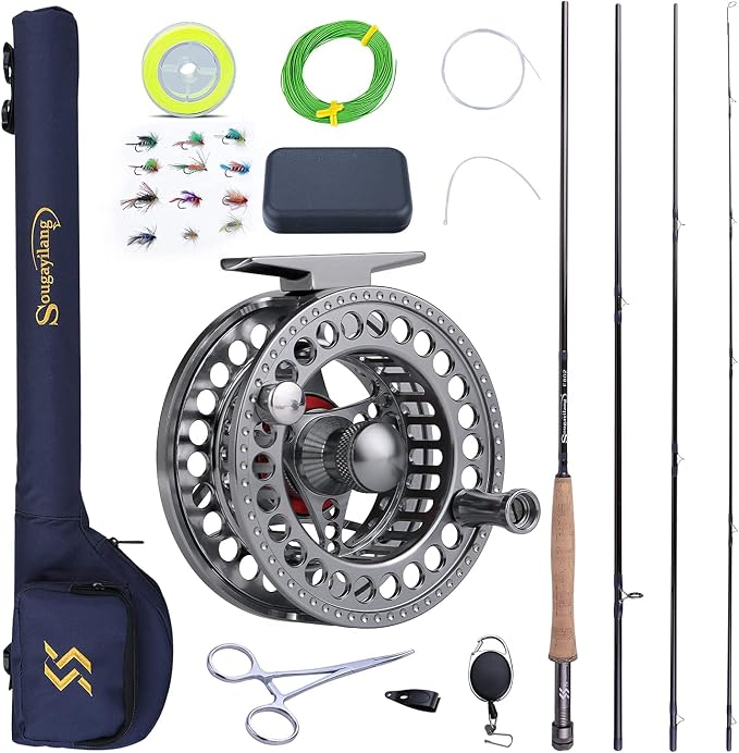 Sougayilang Fly Fishing Rod and Reel Combo, 4 Pieces Ultra Lightweight Portable Fly Rod and CNC Machined Aluminum Alloy Reel Complete Starter Package with Rod Bag